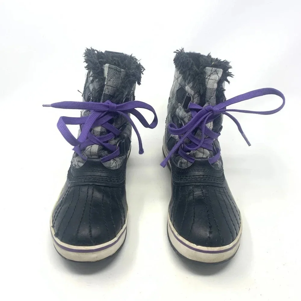 Sorel Tivoli II Leather Plaid Lace-Up Snow Boots‎ Black Gray Purple Size US 5